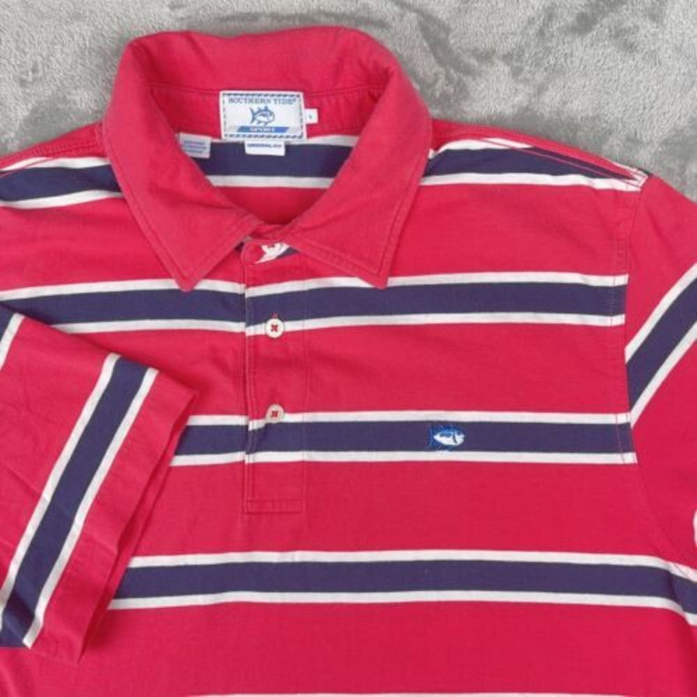 Southern Tide Sport Shirt Mens Large Pink Blue Stripe Polo Stretch